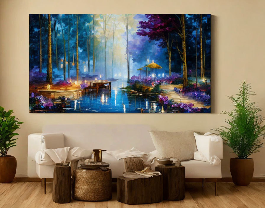 Vibrant mystical forest painting above white sofa with green plants in living room