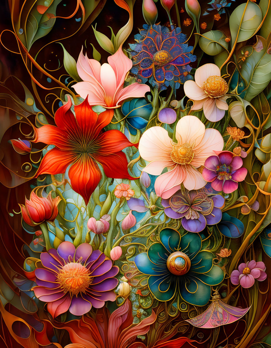 Colorful digital artwork: Stylized flowers and organic patterns