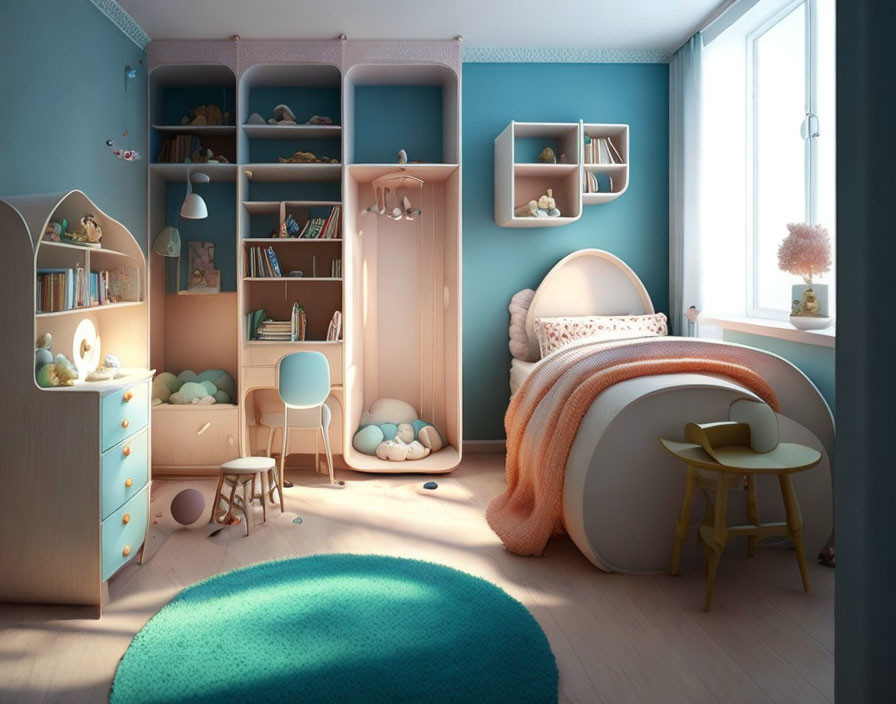 Pastel-themed children's room with bed, toy shelves, desk, chair, and round rug