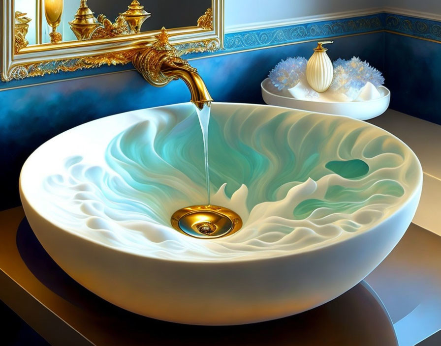 White Basin with Swirling Water Patterns, Gold Faucet, Blue Walls, and Floral Mirror Arrangement