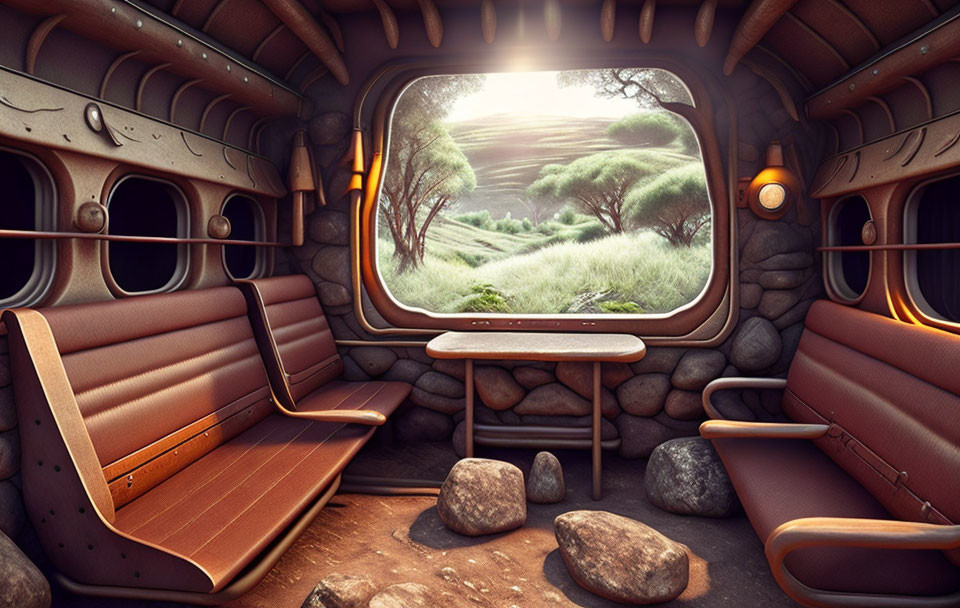 Empty train cabin with leather seats, wooden table, serene landscape view