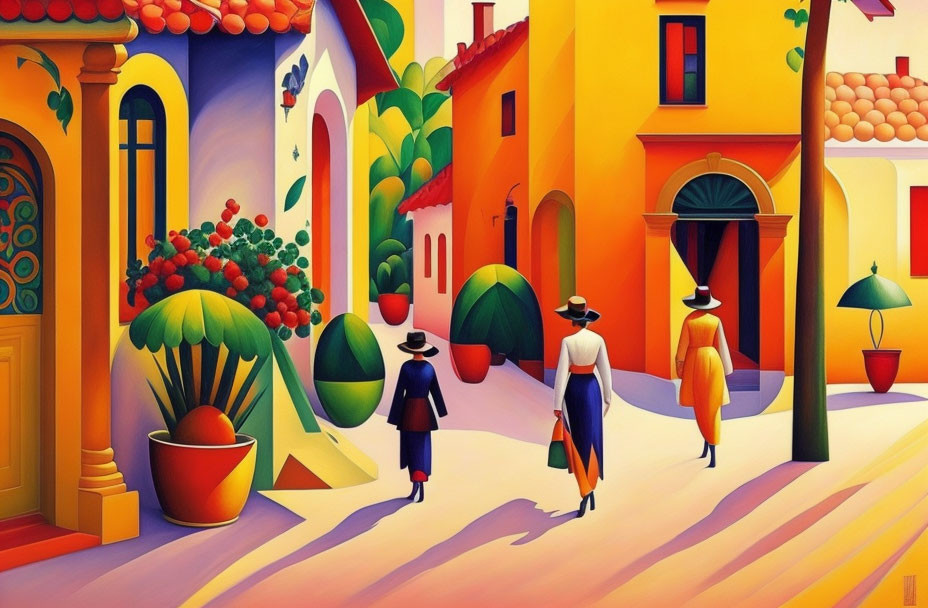 Colorful painting of three people walking on vibrant street