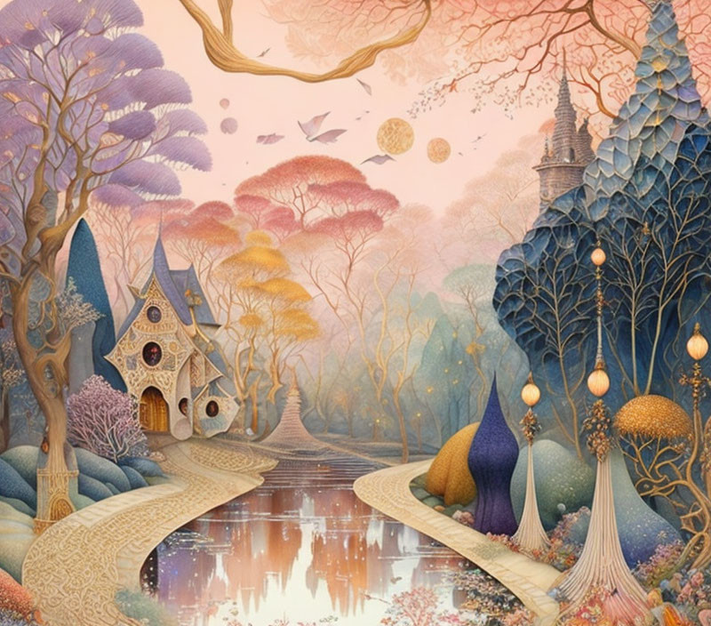 Colorful Fairytale Landscape with Whimsical Trees and Serene River