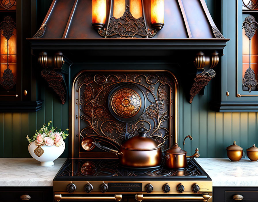 Vintage Kitchen with Copper Stove, Teapot, Black Backsplash, White Counter & Flowers