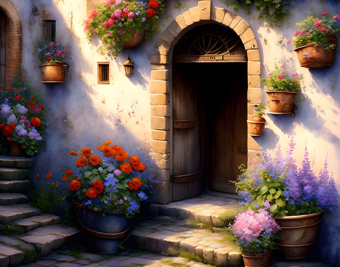 Stone house entrance with colorful flowers and greenery under warm sunlight