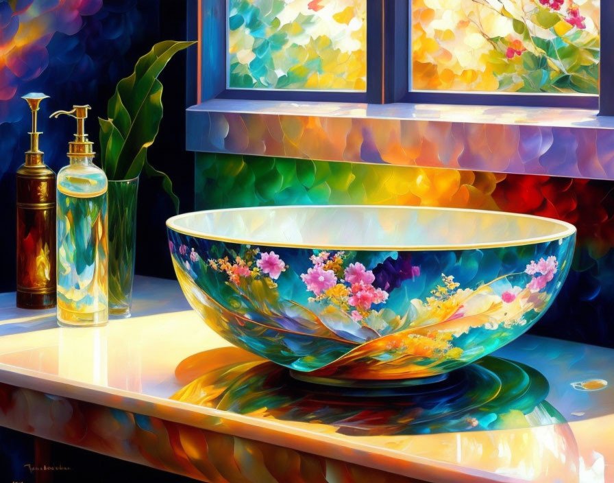 Colorful painting of decorative bowl, bottle, and floral scene.