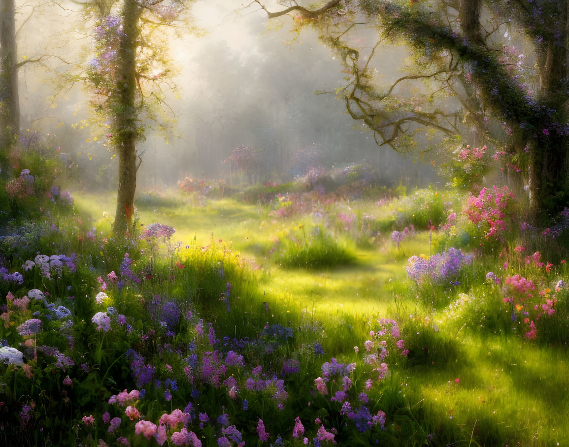 Misty forest with sunbeams, purple and white wildflowers