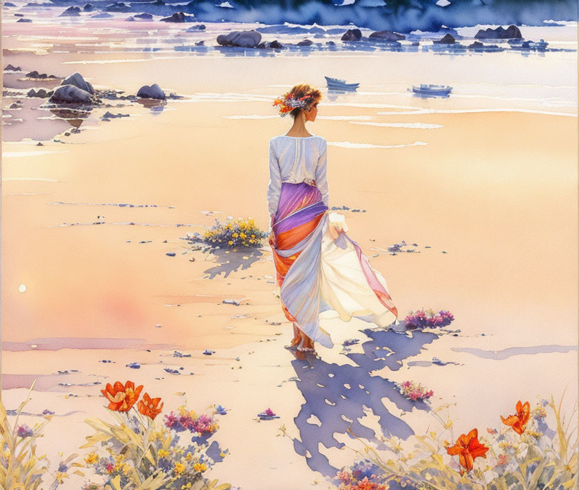 Woman in flowing dress walking on beach at sunset with scattered flowers and boats on horizon