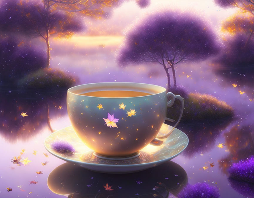 Tranquil digital artwork: Tea cup on saucer, purple trees, twilight sky