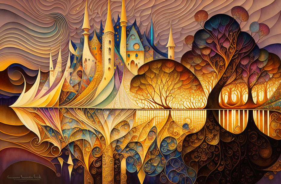 Colorful Stylized Trees and Whimsical Castles in Vibrant Art Style