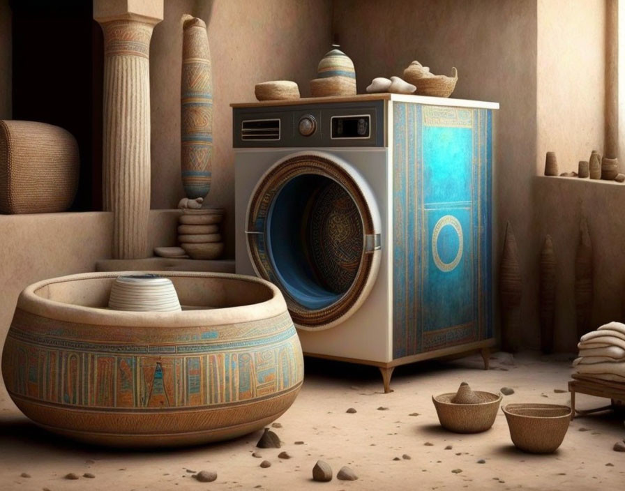 Modern washing machine with ancient Egyptian design and pottery, featuring hieroglyphics.