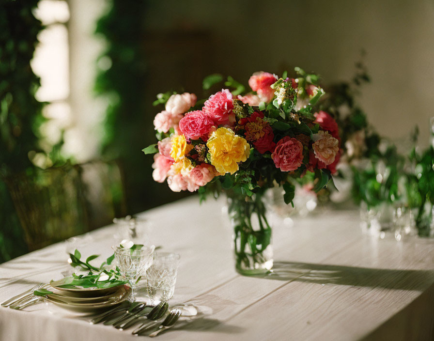 Colorful Rose Bouquet on Table with Tableware in Soft Light