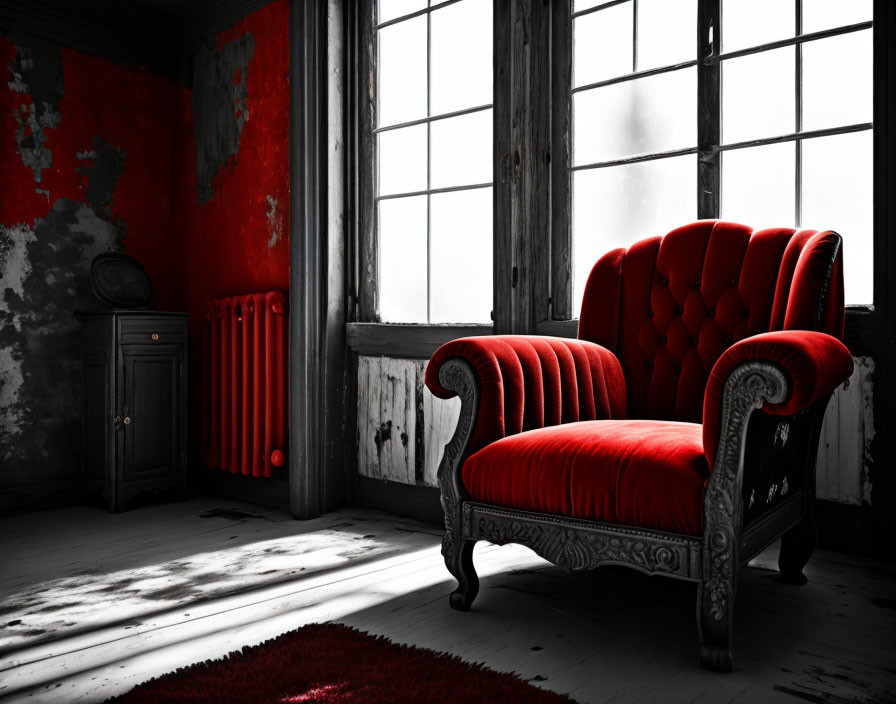 Red armchair in monochrome room with peeling wallpaper