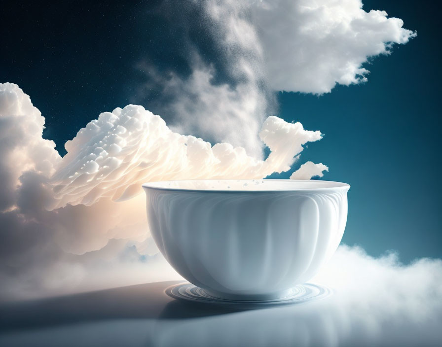 Surreal White Bowl with Clouds Spilling on Blue Sky