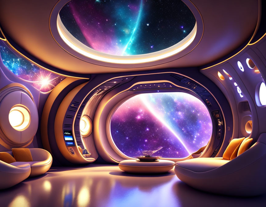 Sleek futuristic spaceship interior with large cosmos window