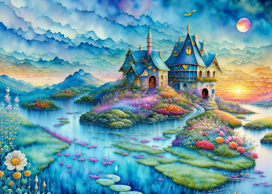 Fantasy landscape with whimsical castle, lush flora, blue waterways, and twilight mountains.