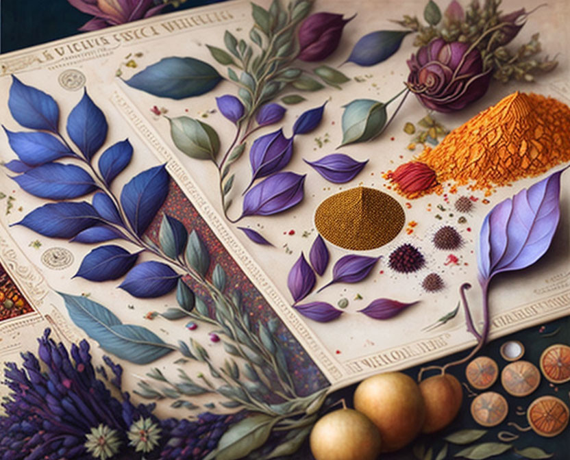 Vibrant botanical illustrations with spices and textures