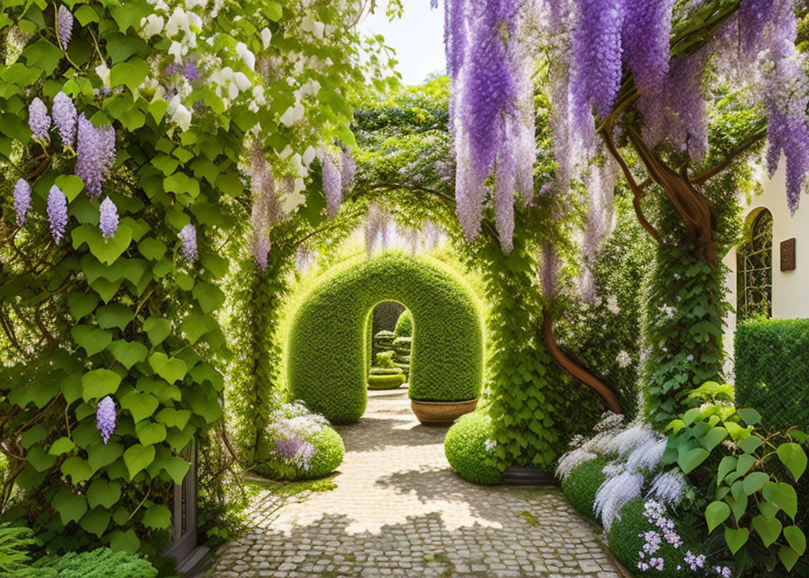 Tranquil garden path with purple wisteria and trimmed hedges leading to sunlit opening