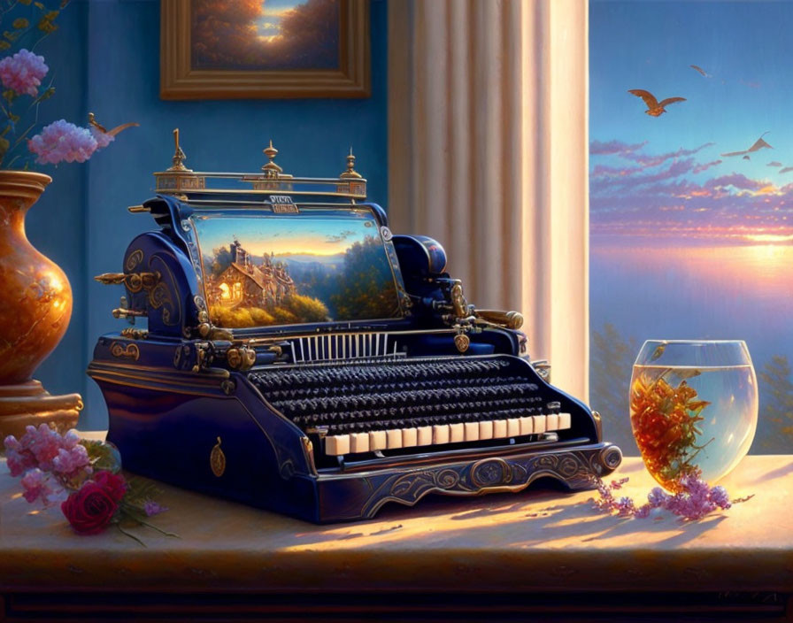 Vintage typewriter with gold detailing near window overlooking sunset seascape, flowers, goldfish bowl