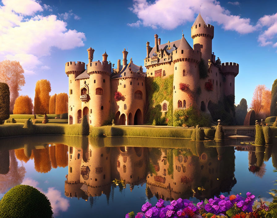 Majestic fantasy castle with towers by tranquil lake in autumn scene