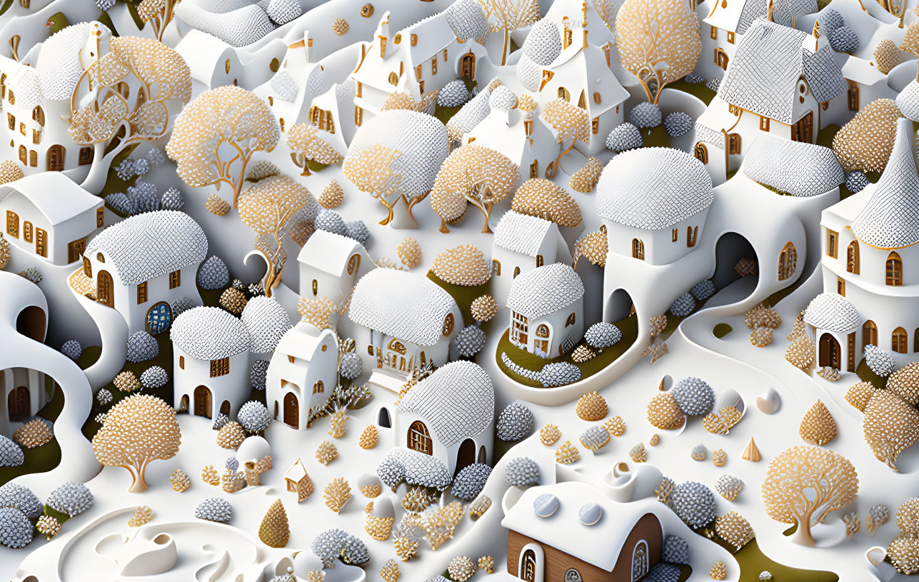 Snow-covered village with white houses and golden trees in whimsical winter setting