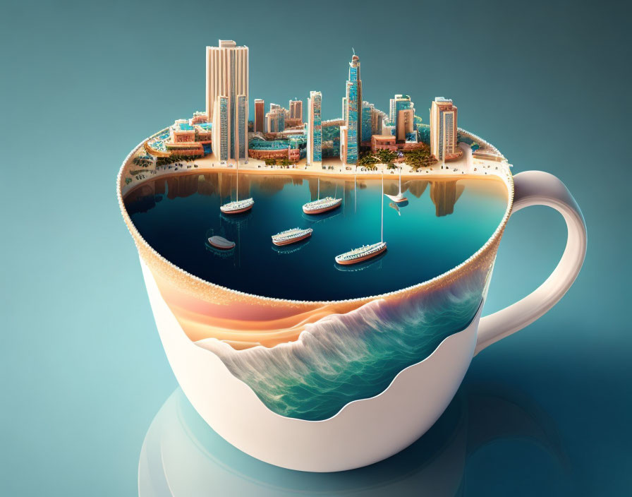 Cityscape and beach scene reflected in coffee cup artwork