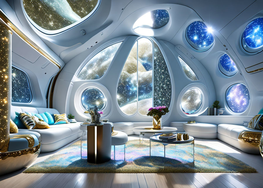 Modern spaceship interior with large windows, sleek furniture, vibrant lighting, and luxurious feel.