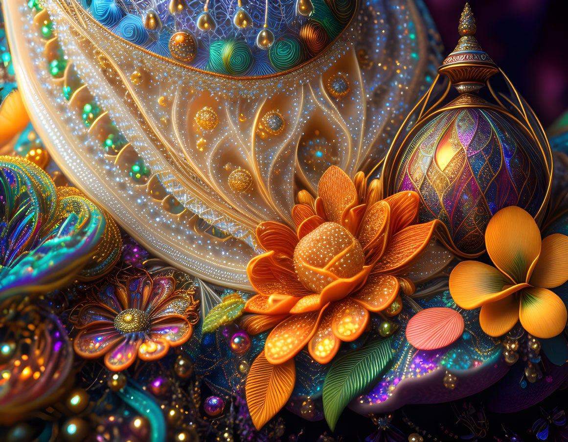 Colorful digital art: ornate jewel-toned flowers & patterns with shimmering details.