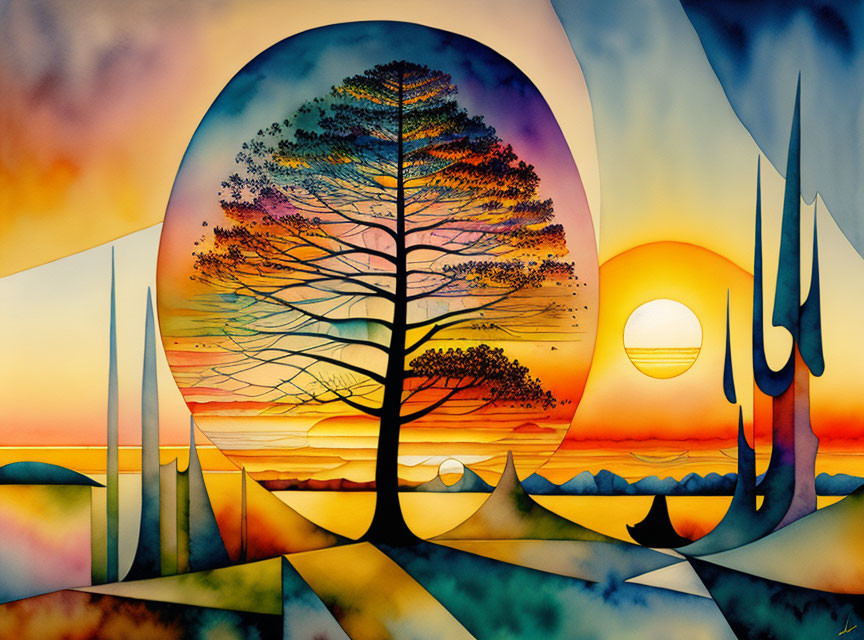 Vibrant tree painting with sunset backdrop and unique elements