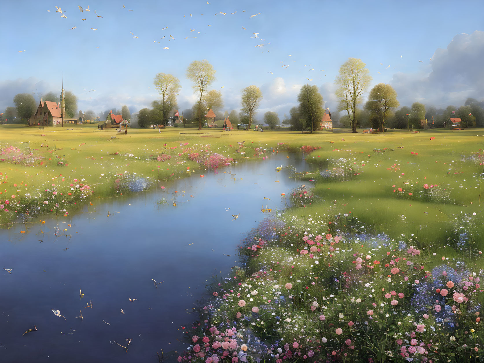 Tranquil landscape with blue lake, flowers, birds, and cottages