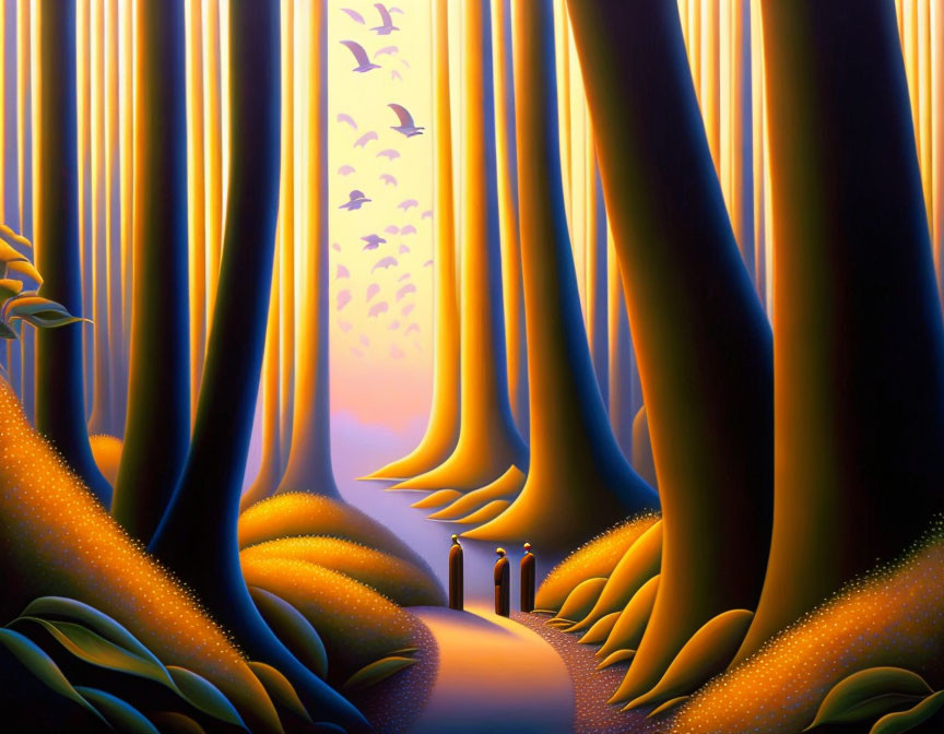 Surreal forest scene with amber trees, glowing path, figures, and birds