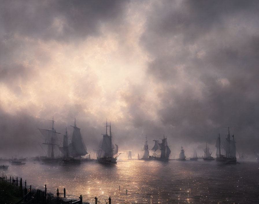 Historic tall ships sail misty harbor under dramatic sky