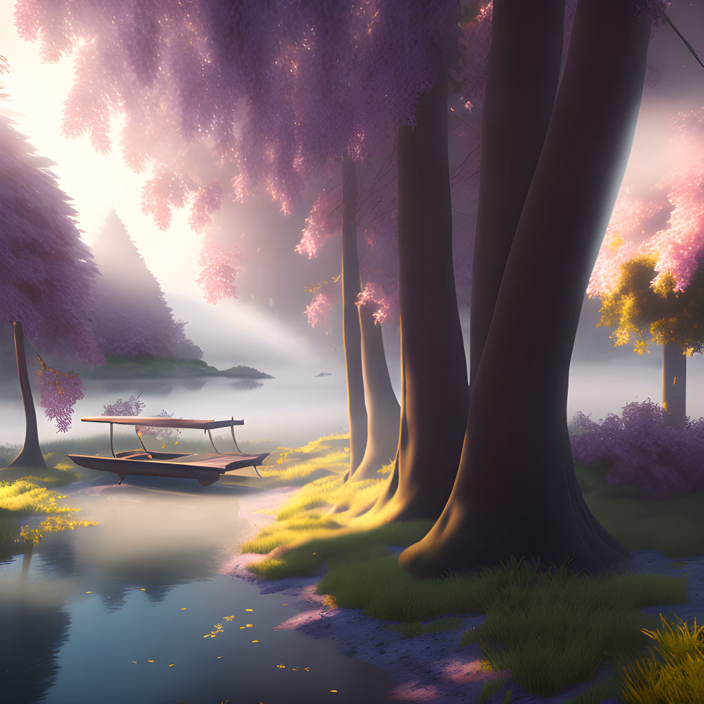 Tranquil purple blossoming trees by serene river