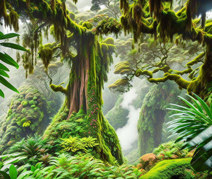 Moss-covered ancient tree in lush, foggy forest