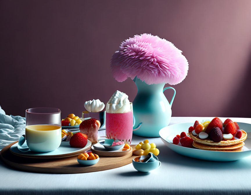 Vibrant breakfast spread with pancakes, milkshake, juice, and fruits on wooden tray