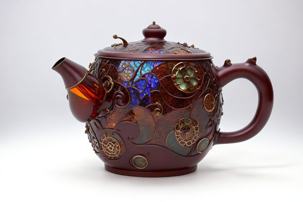 Intricate Metallic and Stained Glass Teapot Design