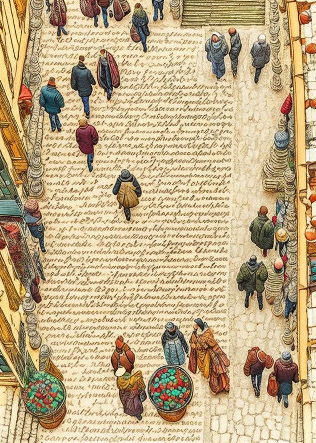 Illustration blending cursive script with street scene and tiny colorful people in ornate borders