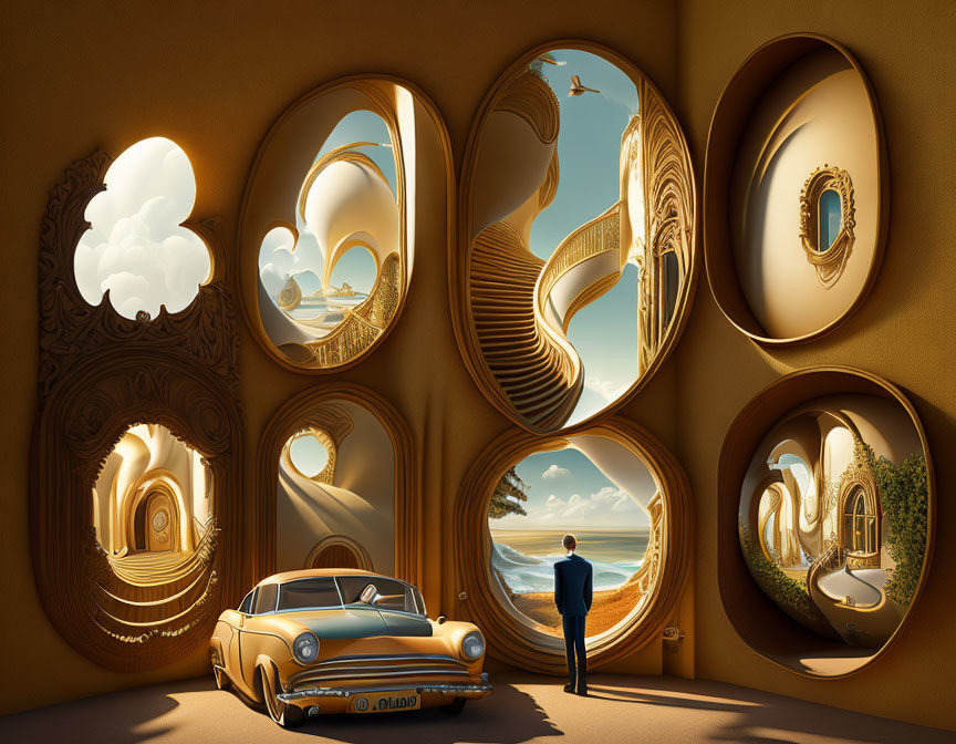 Man standing by surreal circular wall cutouts and classic car.