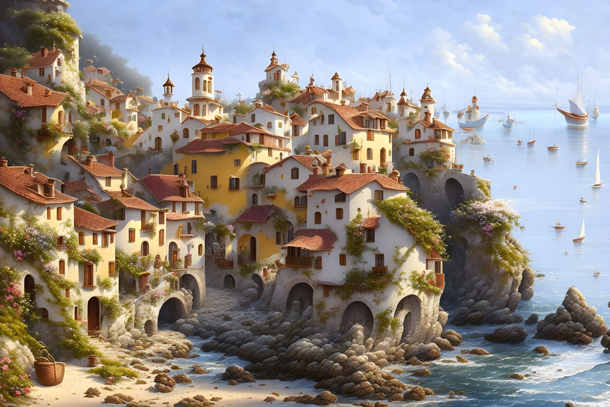 Scenic coastal village with terracotta-roofed houses and boats on tranquil waters