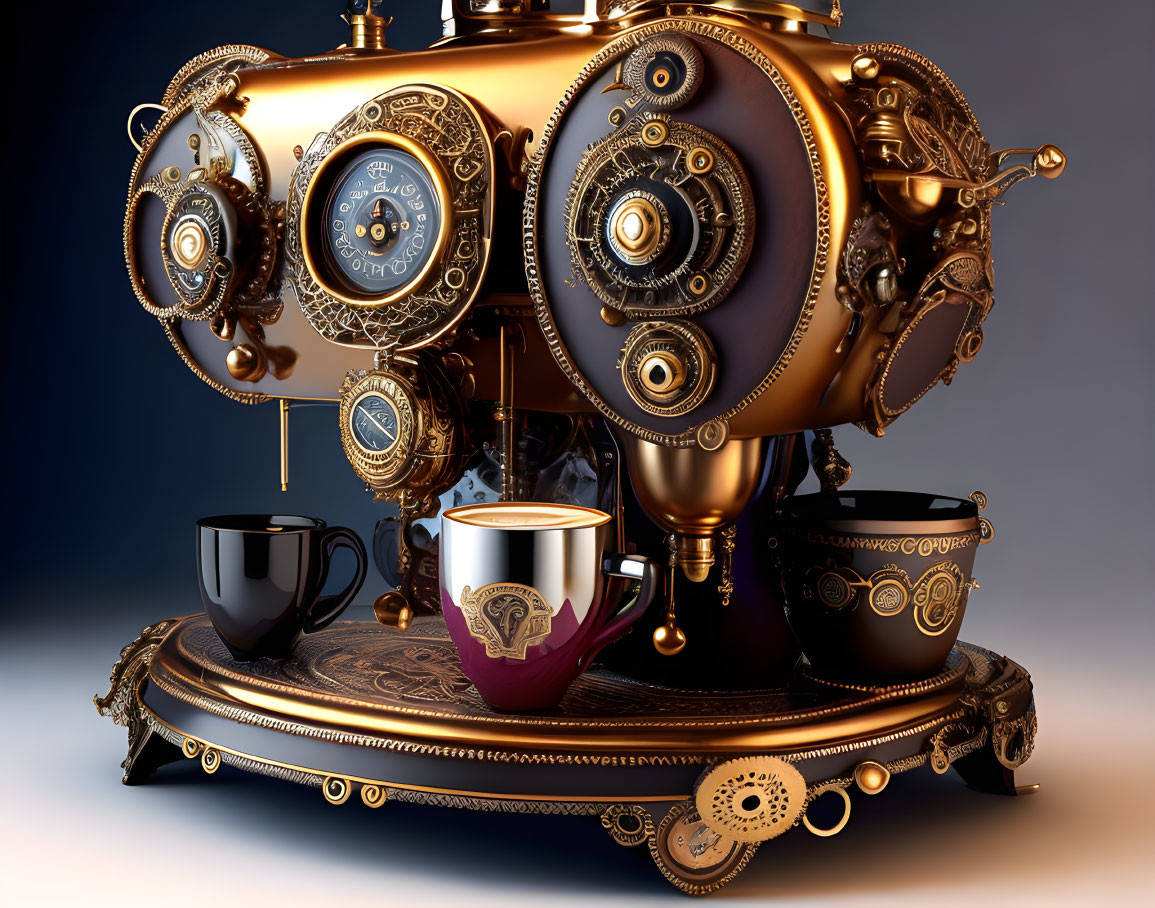 Steampunk-style coffee machine with gears, clocks, elegant cups on tray