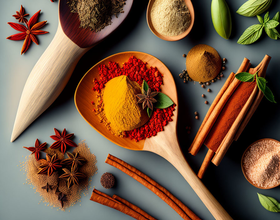 Assorted Spices on Wooden Spoons on Teal Background