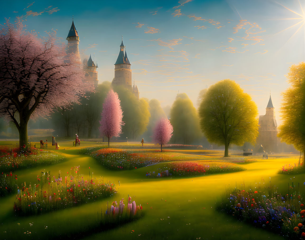 Majestic castle in serene fantasy landscape with blooming trees and people in tranquil park