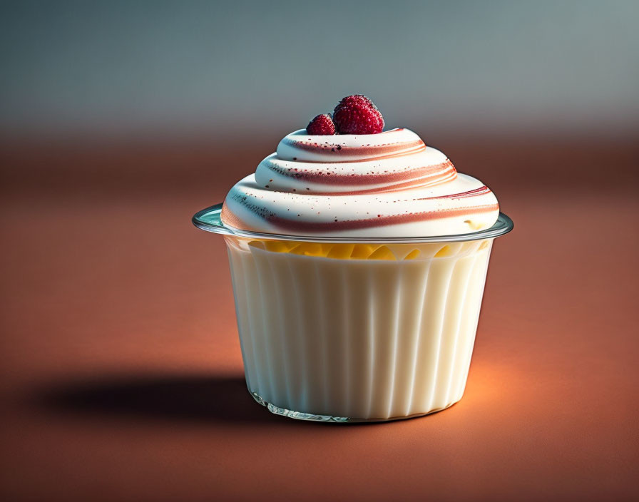 Creamy dessert in transparent cup with whipped cream and raspberry.