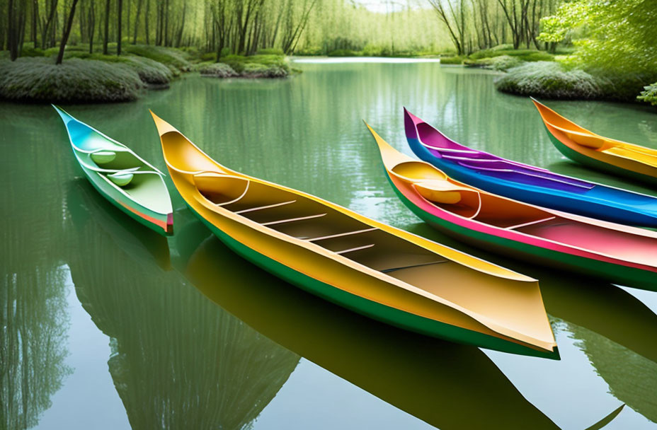 Vibrant Canoes on Tranquil Water with Green Surroundings