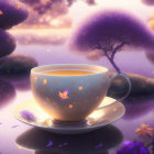 Tranquil digital artwork: Tea cup on saucer, purple trees, twilight sky