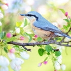 Colorful Bird Illustration on Bloom-Laden Branch with Flowers