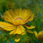 Colorful digital artwork of yellow and green flowers on a shimmering, fantasy background.