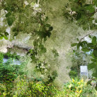 Moss-covered ancient tree in lush, foggy forest