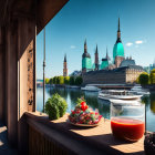 Riverside cityscape with green-domed buildings, boats, bridge, and clear skies