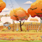 Autumn-themed illustration with orange trees, pathways, houses under cloudy sky